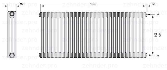 Схема (чертеж) Радиатор Zehnder Charleston 3090/27 №7610 Белый глянцевый RAL 9016